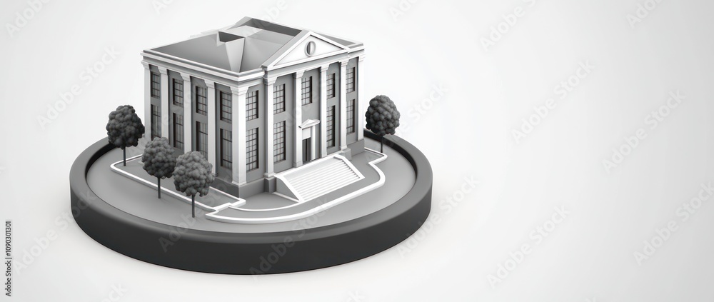 Poster A monochrome 3D model of a classic building with trees, representing architectural design.