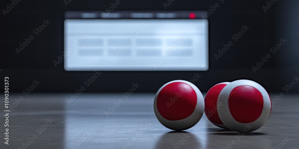Aufkleber Three red and white balls on a surface with a blurred background display.