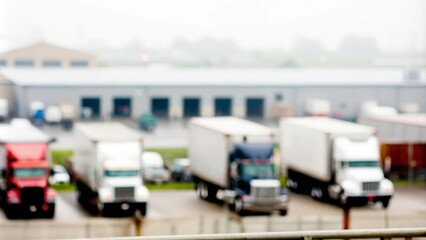Transport Depot Blur &ndash; A hazy view of a truck depot with warehouses in the background.
