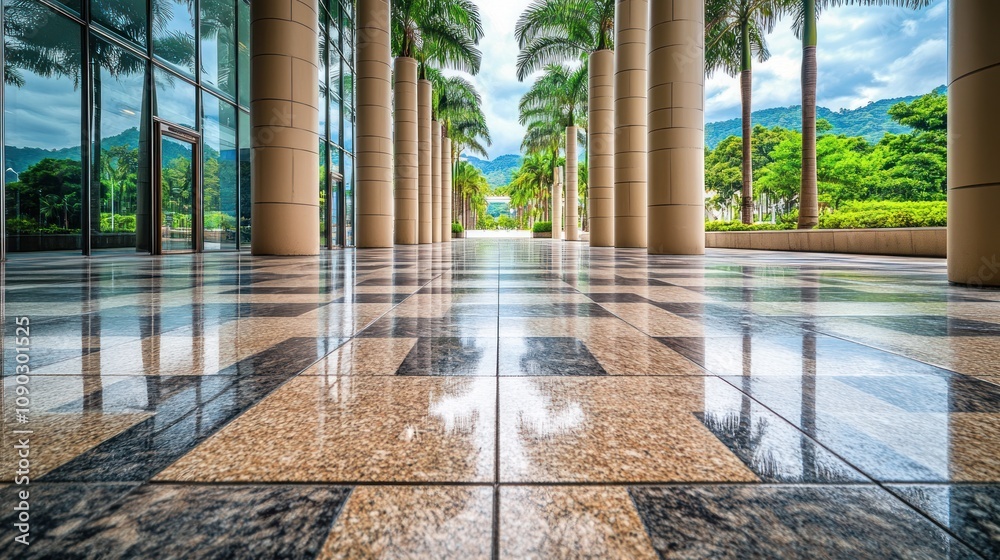 Aufkleber A modern architectural space with polished floors and palm trees in a serene environment.