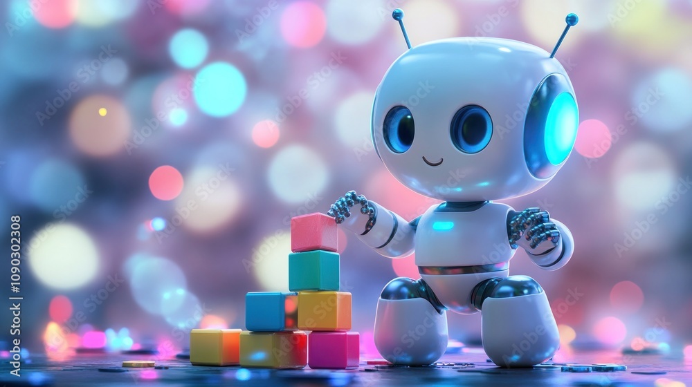 Poster a cute robot stacking colorful blocks against a blurred, vibrant background.