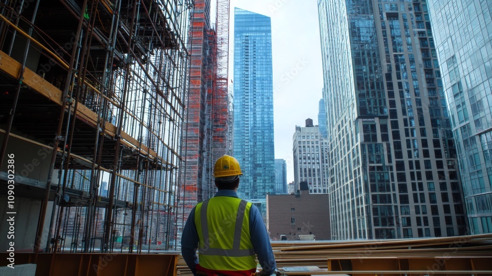 Poster a construction supervisor inspecting scaffolding installation at a high-rise building construction s