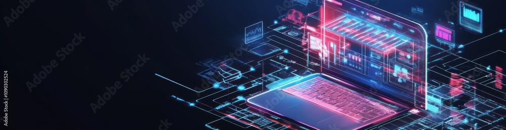 Poster Digital laptop with abstract data visualization and technology graphics.