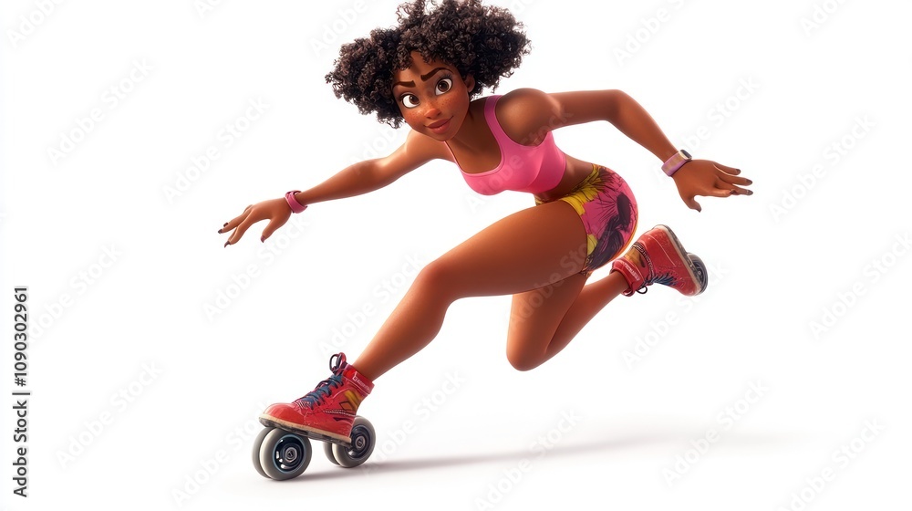 Poster a dynamic animated character roller skating, showcasing agility and athleticism.