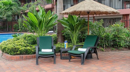 Obraz premium Serene Poolside Chairs Under a Straw Umbrella Surrounded by Lush Green Foliage, Creating a Perfect Relaxation Spot in a Tropical Setting
