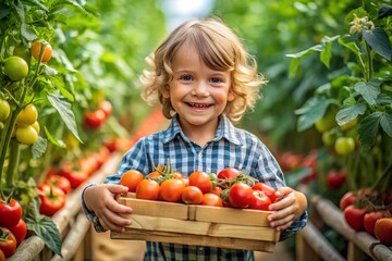 Happy kid and fresh tomatoes on background, world of vegetables concept, generated by ai