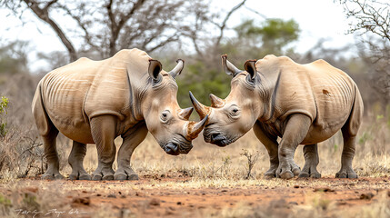 Fototapeta premium Two rhinoceroses touching horns in natural habitat, showcasing their strength and connection. This intimate moment highlights beauty of wildlife