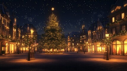 Naklejka premium A beautifully lit town square with a grand Christmas tree and twinkling lights.
