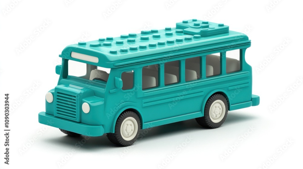 Poster a turquoise toy bus designed for imaginative play and learning.