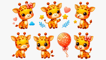 Fototapeta premium A watercolor clipart set of cute giraffes with many expressions isolated on a white background