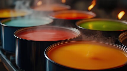Obraz premium Vibrant Paint Cans with Steam Rising, Displaying Vivid Colors in an Art Studios Workshop Setting, Creating a Dynamic and Inspiring Crafting Atmosphere