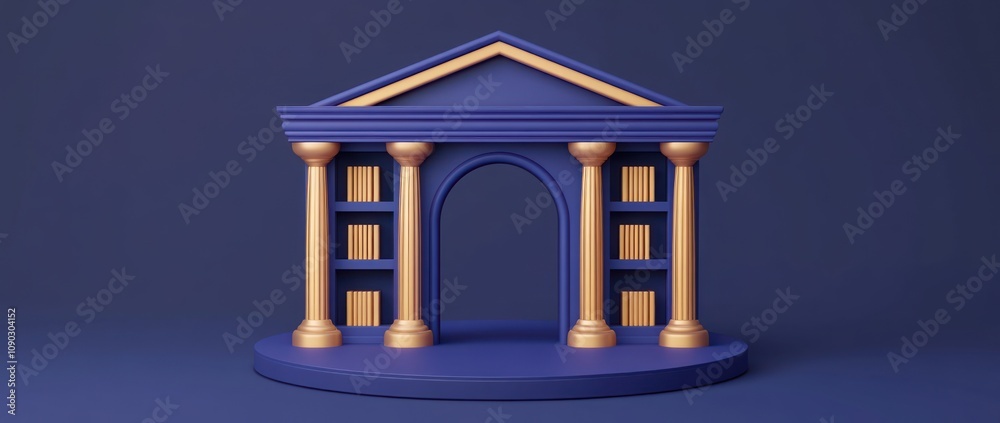 Poster A stylized 3D representation of a classical building with shelves, emphasizing knowledge.