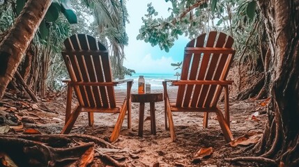 Two Wooden Lounge Chairs Overlooking a Serene Beach View Framed by Tropical Foliage Under a Bright Sky Inviting Relaxation and Escape from Everyday Life