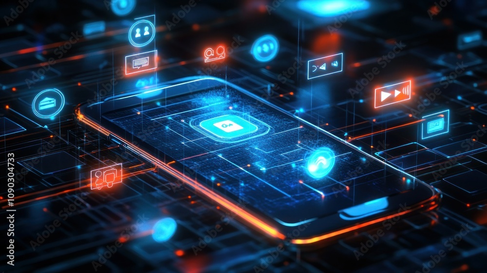 Aufkleber A futuristic smartphone surrounded by digital icons representing various applications and features.
