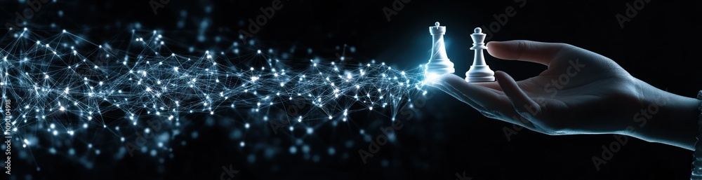 Poster a hand holding chess pieces, symbolizing strategy and decision-making in a digital context.