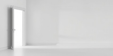 Fototapeta premium A minimalist white door standing open against a plain white background, clean, symbolic, portal