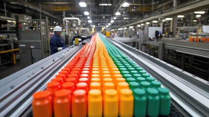 Obraz premium Vibrant Production Line with Colorful Bottles in a Modern Factory Setting Showcasing Efficiency and Organization in Beverage Manufacturing Process