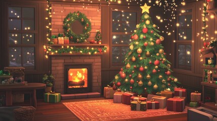 A cozy corner with a Christmas tree, presents, and soft fairy lights.