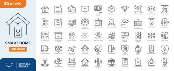 Smart Home Line editable icon set. Containing Smart Home, Autonomous Technology, Virtual Assistant, Biometric System, IOT, Remote Control, and more. Editable stroke. Vector illustration	