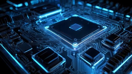 Detailed Close-Up of Advanced Circuit Board Featuring Dual Microchips, Gold-Plated Connections, and Cutting-Edge Electronics for Modern Computing Technology