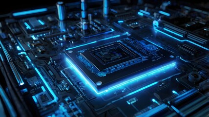 Detailed Close-Up of Advanced Circuit Board Featuring Dual Microchips, Gold-Plated Connections, and Cutting-Edge Electronics for Modern Computing Technology