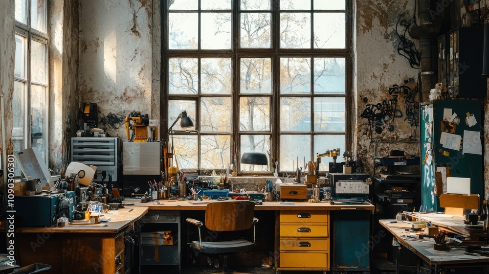 Poster a cluttered workshop filled with tools and materials, showcasing a creative workspace.