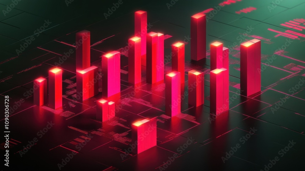 Poster Abstract visualization of data represented by glowing red bars on a dark grid background.