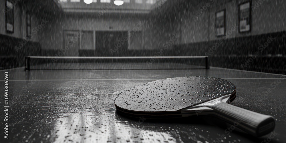 Aufkleber a ping pong paddle rests on a wet table in a dimly lit indoor space during rain.