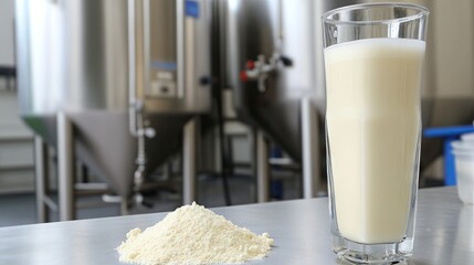 Fresh Milk and Powdered Milk Displayed in a Dairy Processing Plant with Stainless Steel Equipment in the Background, Representing Dairy Products and Industry Innovations