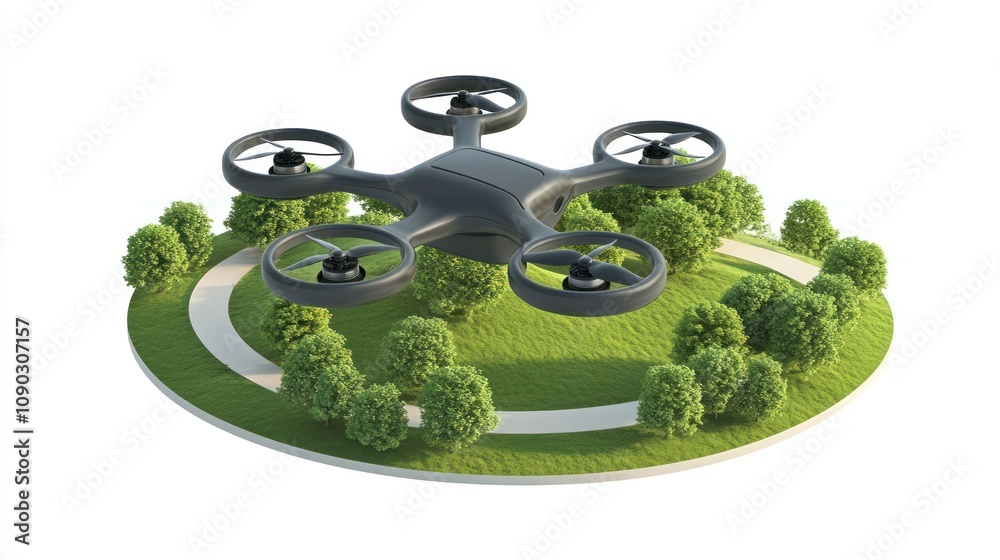 Poster A drone hovering above a circular path in a green landscape with trees.
