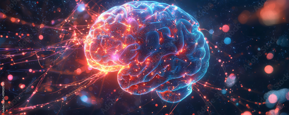 Poster glowing brain network visualized with vibrant colors and intricate details, representing advanced ai