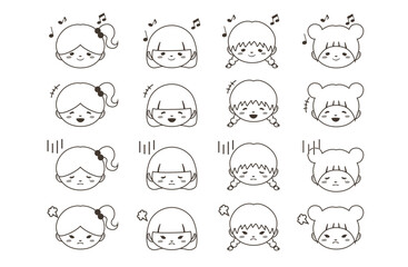 可愛い女の子の表情セット　モノクロ