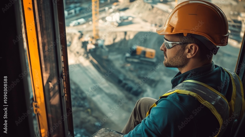 Poster a crane operator in a cabin, wearing a safety helmet and looking out the window at the camera, with 