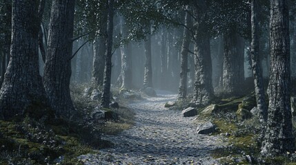 Serene Forest Path Through Ancient Trees in 3D Render with Soft Moss and Dappled Light