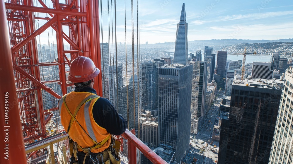 Poster a crane operator in a high-rise construction setting with panoramic city views, crane operation scen