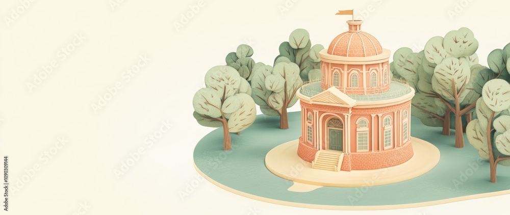 Poster a stylized building surrounded by trees, representing a serene environment.