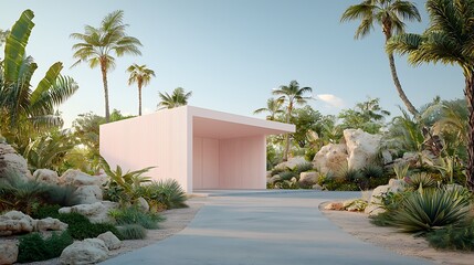 Fototapeta premium Contemporary architectural design tropical oasis modern home natural landscape serene viewpoint eco-friendly concept