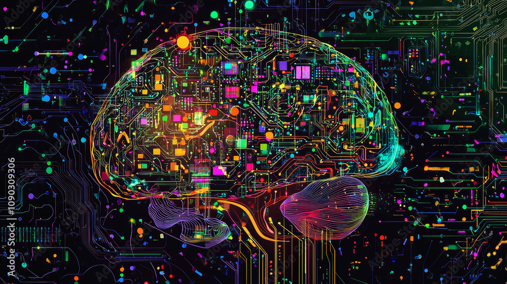Wall mural vibrant brain composed of circuits and code, symbolizing artificial intelligence and technology. col