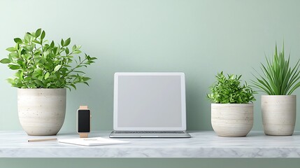 Fototapeta premium Modern workspace setup with plants minimalist design tech gadgets home office serene environment