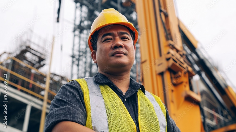 Poster a crane operator in a yellow hard hat and reflective vest using controls inside the crane cab, with 