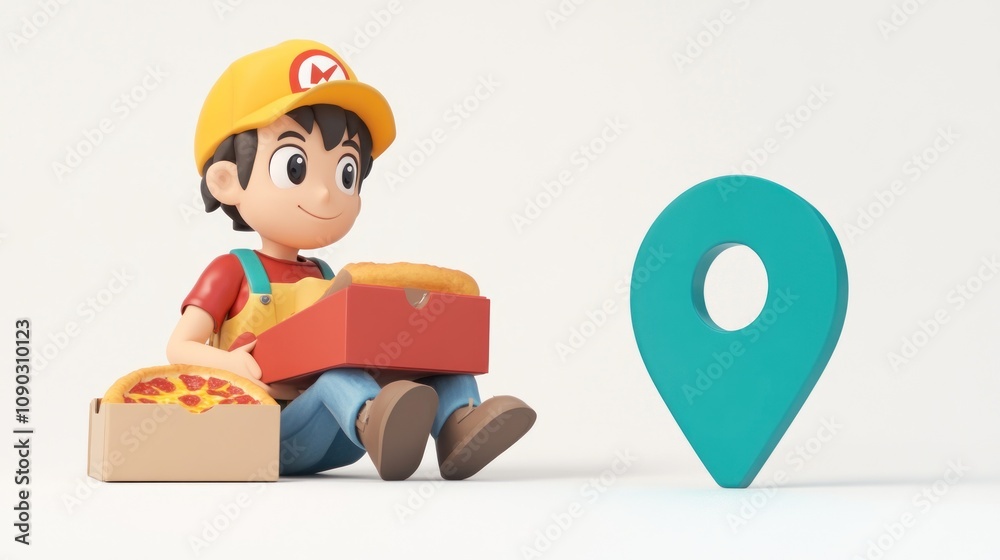 Poster a cartoon character sits with pizza boxes next to a location pin symbol.