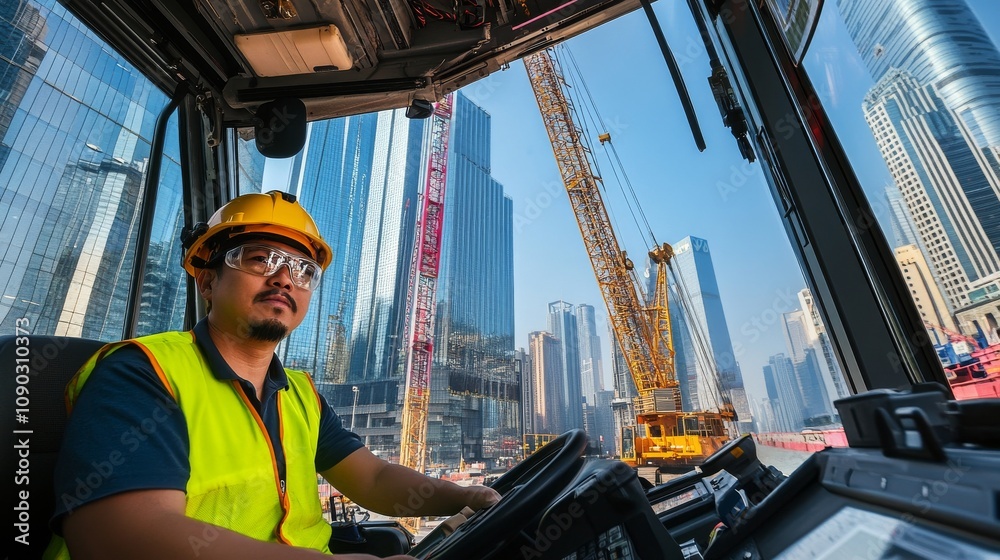 Poster a crane operator in a yellow safety vest and hard hat, seated in the crane cab and looking into the 