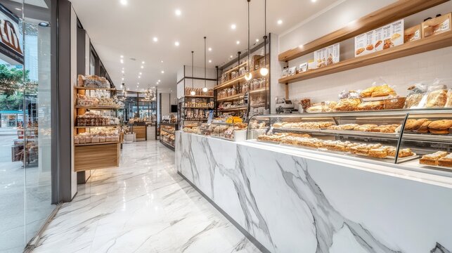 Modern Bakery Interior with Display Case of Freshly Baked Goods