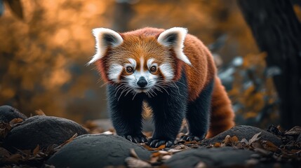 Fototapeta premium Red Panda in the Autumn Forest: A captivating close-up of a red panda, its vibrant fur and inquisitive gaze standing out against a backdrop of autumnal foliage.