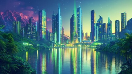 Obraz premium Futuristic Cityscape: Neon-lit Skyscrapers by Tranquil River in Nature-Tech Harmony