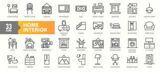 A collection of 33 home interior icons featuring furniture, appliances, and decor elements such as sofas, wardrobes, washing machines, dining tables, bookshelves, and paintings