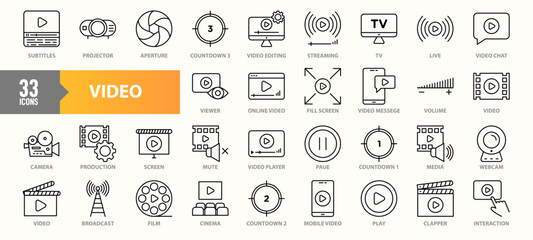 A collection of 33 video-themed icons representing various aspects of video production and streaming, including cameras, editing, playback, broadcasting, cinema, and online interaction in line-art sty