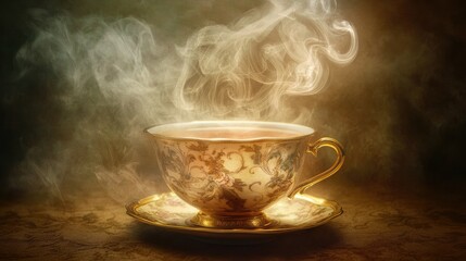 Fototapeta premium A tranquil moment captured: swirling steam rises from a tea cup, its soft glow accentuating the moody, shadowed background.