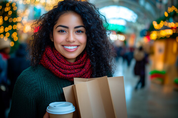 40-year-old Latina woman with afro-textured hair, holding a cup of coffee and kraft paper bags