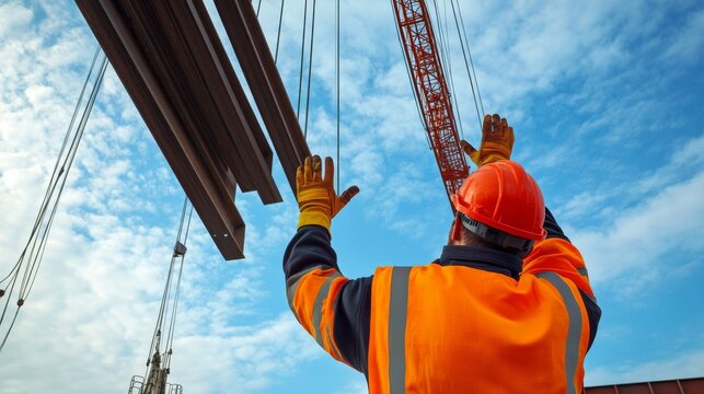 A crane signaler in a bright orange safety vest and gloves, giving hand signals to guide a crane, with suspended steel beams above